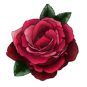 A stained-glass style drawing of a red rose with green leaves, by Delyth Williams, used by permission