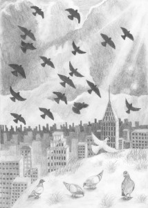 A greyscale pencil drawing of a city seen from a hill, with pigeons in foreground and background. Artwork by Evan Jacques.
